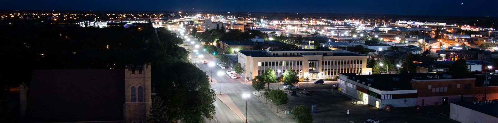 aerial of city at night