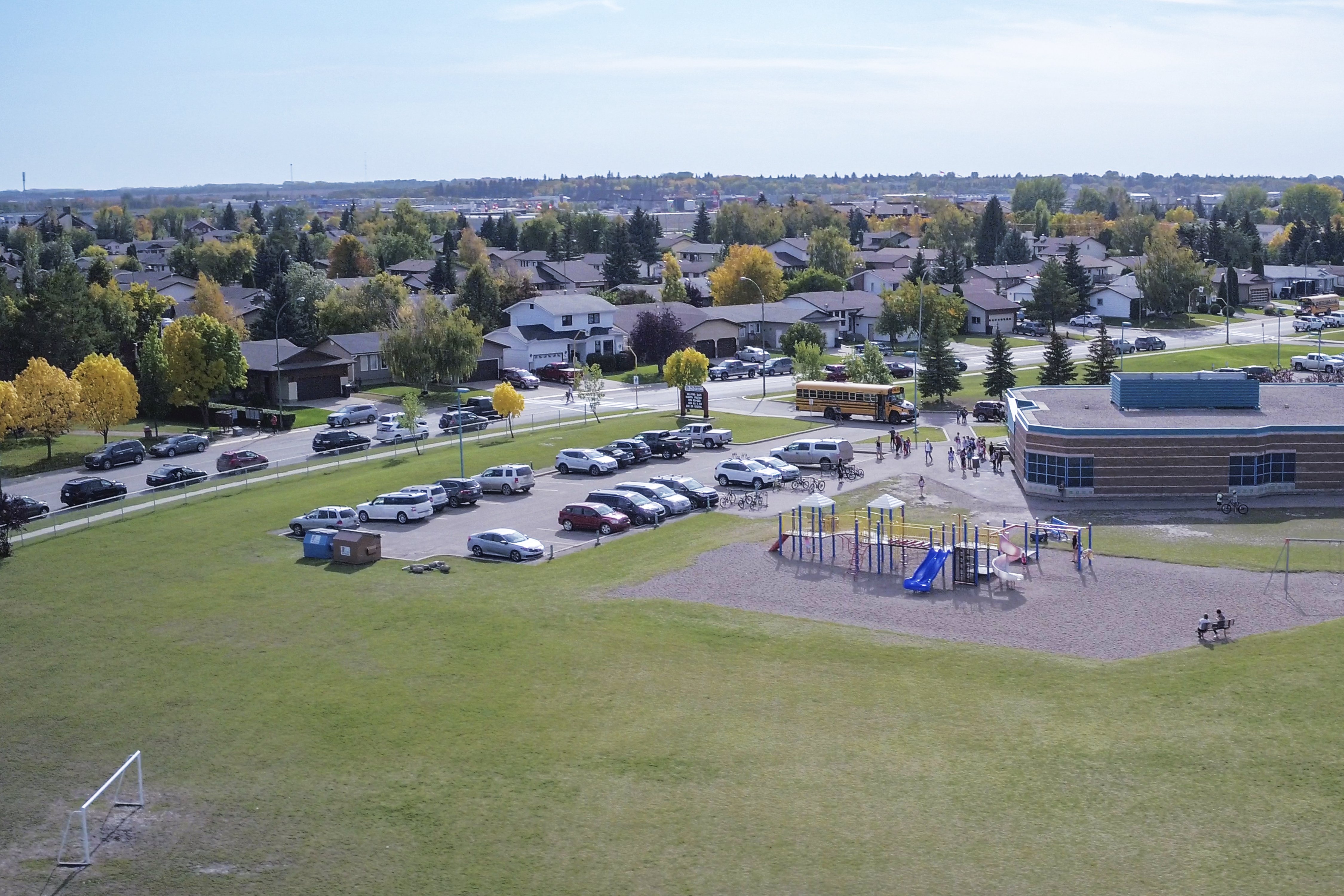 aerial of streets and school