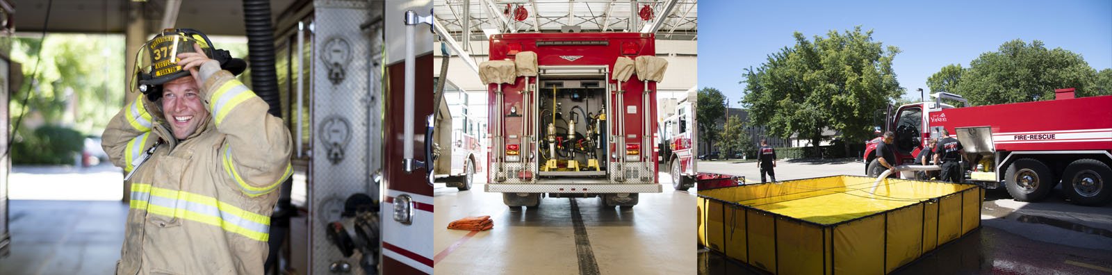 firefighters emptying water in fire trucks