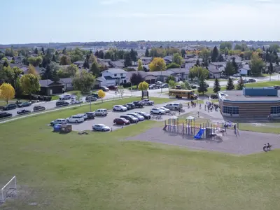 aerial of streets and school